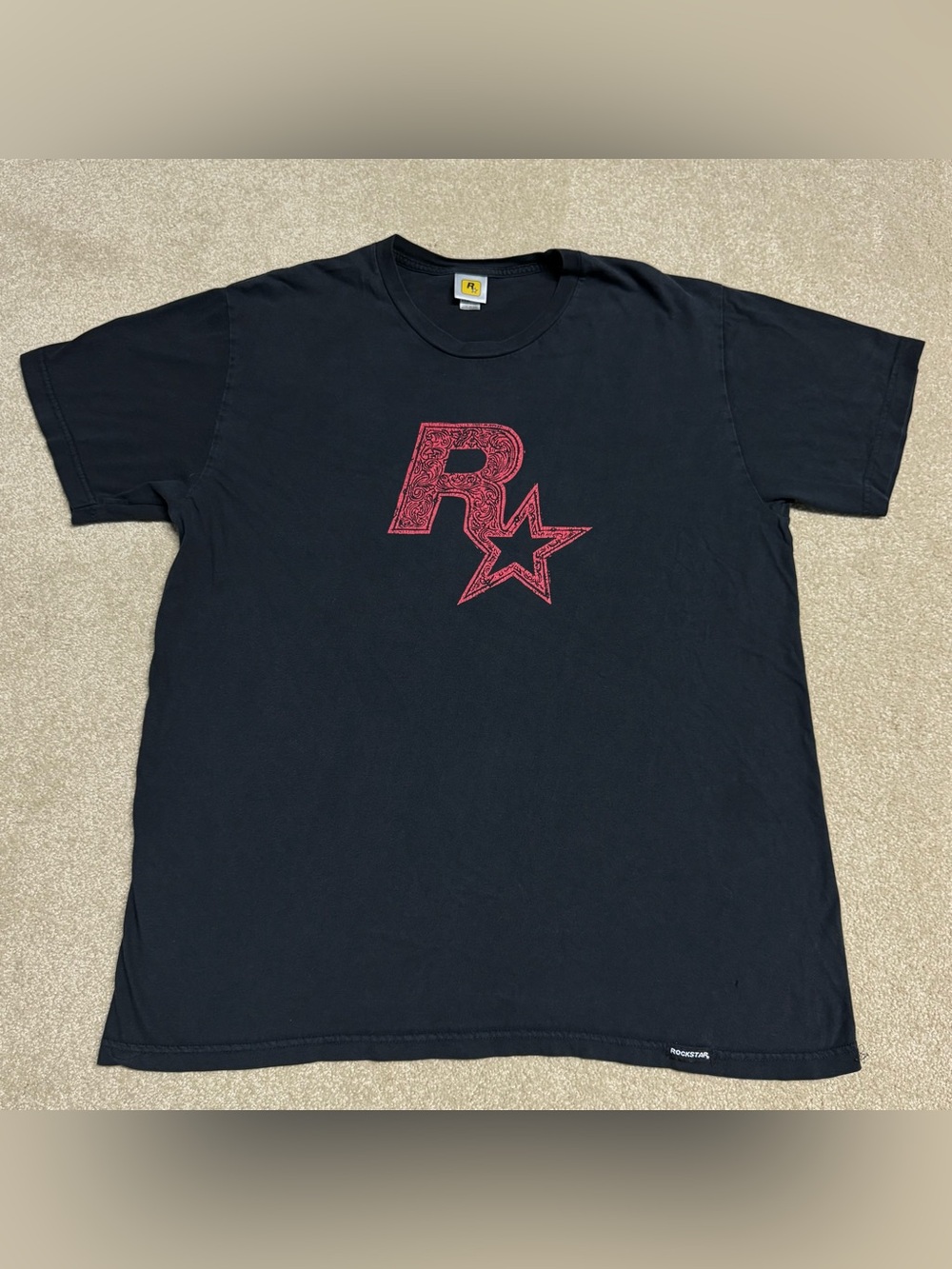 Vintage 1998 Rockstar Games Red Linocut Logo Graphic T Shirt Men’s XL Black